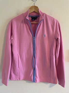 Ralph Lauren Logo Vintage Y2K Zip Up Sweatshirt Women Size Small Baby Pink Blue